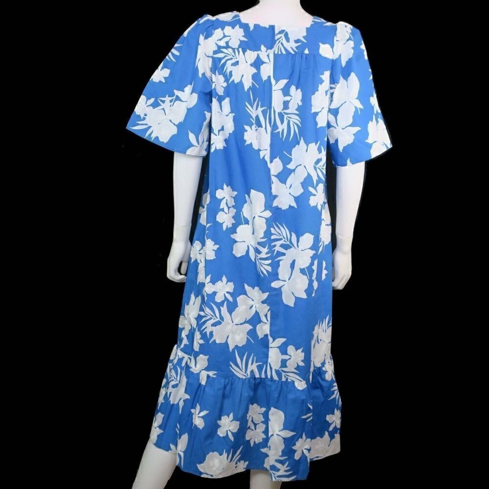 Aikane Hawaii Aloha Vintage Muumuu Lounge Trumpet Dress Blue Floral Women's XL - Picture 4 of 5